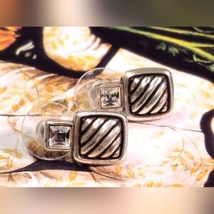 Textured Silver And Black Square Earrings Whith Rhinestone Accents